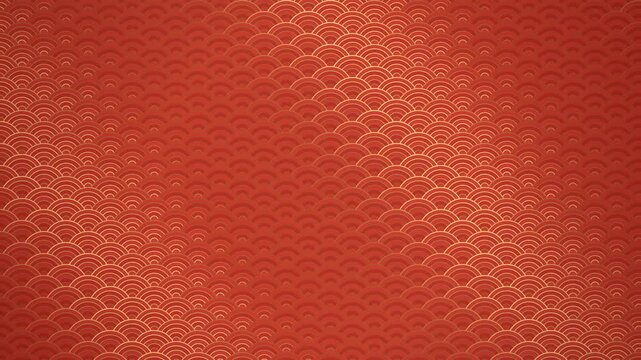 Red Japanese seigaiha wave pattern with a flowing golden shine, seamless loop