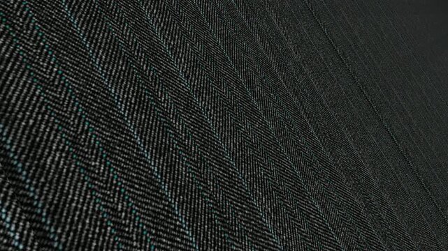 Atmospheric Cinematic Movement Along Italian Charcoal Grey Herringbone Teal Pinstripe Wool Fabric with Angled Perspective, Rich Lighting and Intricate Patterns