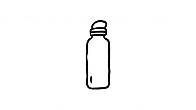 Water Bottle For Hydration And Portable Drinking Doodle Animation. Reusable Bottle And Refreshment Container. 4K Video Loopable Overlay Element. Hand-Drawn Animated Icon With Alpha Channel.
