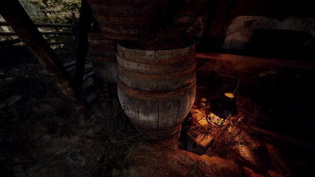 In an old, dimly lit room, two weathered wooden barrels stand next to a glowing lamp. The faint light casts shadows, highlighting the rustic charm of the space.