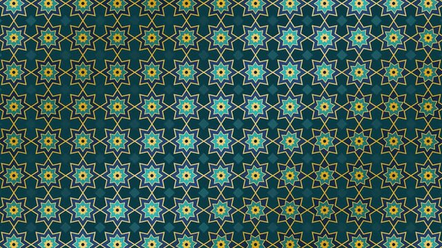 Islamic geometric star pattern in gold and teal with sweeping light, seamless loop