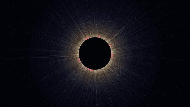 Total solar eclipse with glowing corona streams and drifting particles, seamless loop