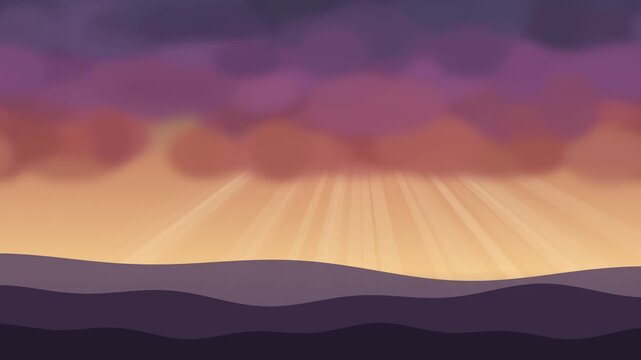 Sun rays shining through clouds over hills at golden hour, seamless loop