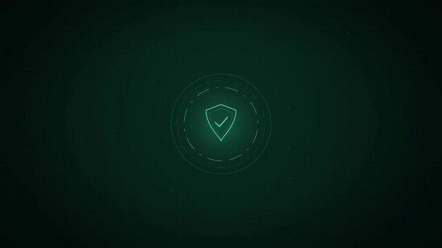 Futuristic digital animation of a glowing green shield icon with a checkmark, symbolizing cyber security, data protection, and successful authentication on a dark background.