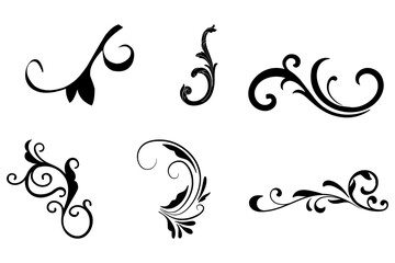 Set of black vintage floral corners and curly flourish ornaments vector silhouette symbols for design © My Mart