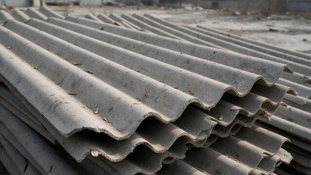 Vista en perspectiva de un lote de l&aacute;minas de uralita onduladas apiladas en una obra al aire libre, materiales de fibrocemento para instalaci&oacute;n de techos industriales y reformas de almacenes, amianto