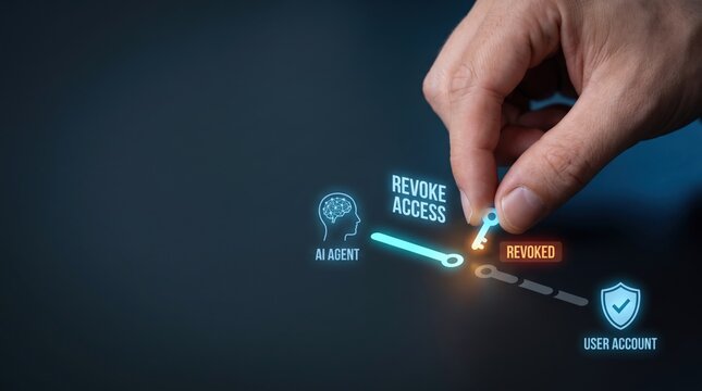 Personal Agent Protocol - Hand revoking access from AI agent, securing user account and disconnecting permission connector for enhanced digital security.