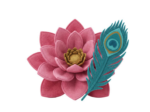 Felt and plush fabric 3D  of a layered pink lotus flower made of soft felt petals with a golden center, and a felt peacock feather with a teal eye pattern leaning against its side. Lotus upright