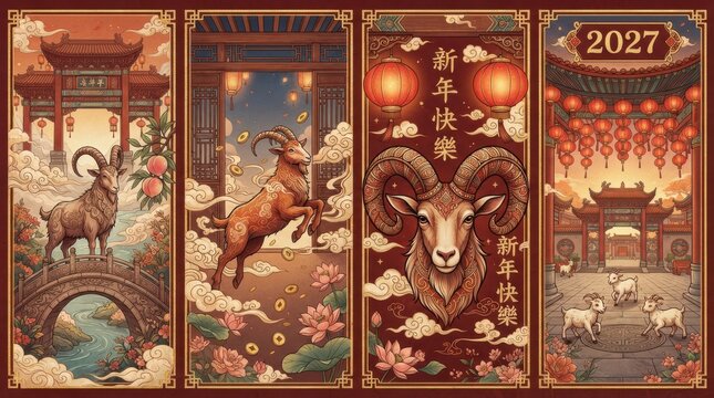 Set of four vertical panels featuring goats in traditional Chinese settings with lanterns and pagodas for 2027 New Year