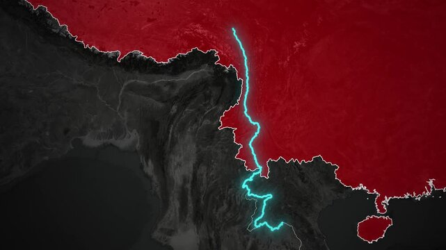 Mekong River map animation with countries highlighted in red