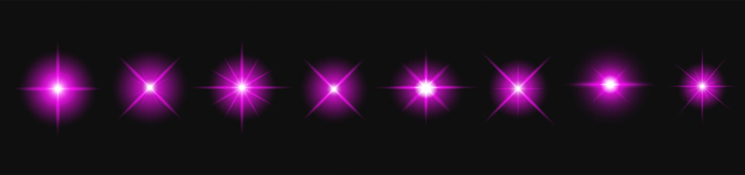 Set of glowing purple star burst and lens flare light effects