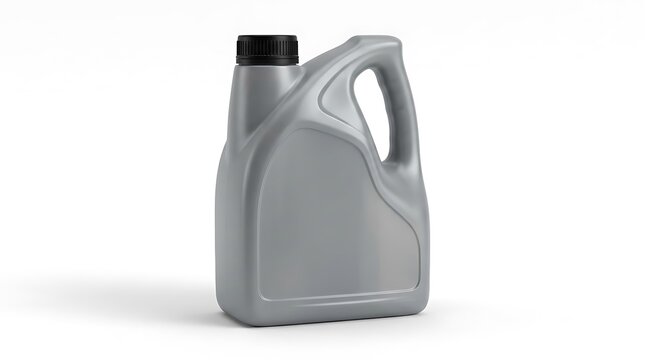 Gray plastic motor oil bottle with a black cap for automotive maintenance and engine lubrication use. plastic oil jug