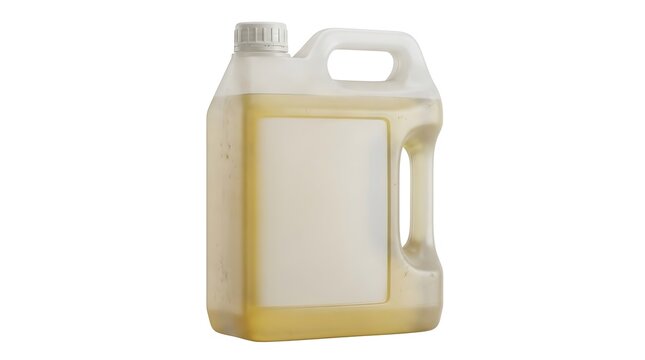 Large plastic jug container filled with yellow cooking oil or liquid soap with a blank label space. plastic oil jug