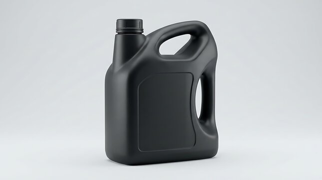 Black plastic bottle for motor oil or chemical liquid with a sturdy handle for easy pouring storage. plastic oil jug