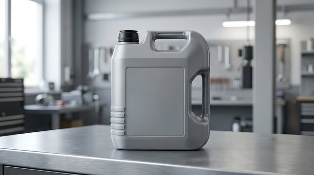 Grey plastic motor oil container standing on a clean metal table in a workshop service garage room. plastic oil jug