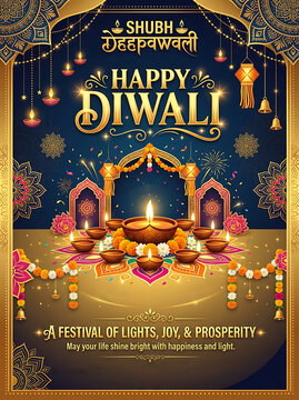 Shubh Diwali Celebration Poster with Golden Arch Diyas Floating Lotus Flowers and Decorative Mandala Backdrop