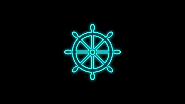 Travel icon, Cyan neon glowing ship wheel helm nautical animation on black background, 4K video animation.
