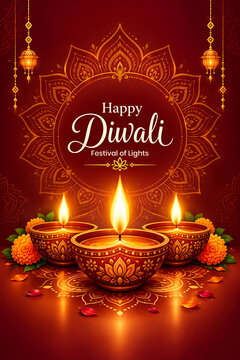 Happy Diwali Greeting Poster with Glowing Clay Diyas Marigold Flowers and Red Mandala Artwork Background