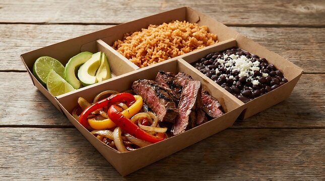 Mexican burrito bowl with meat beans rice avocado and colorful vegetables in a cardboard tray takeout. Mexican food boxes