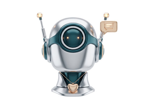Chrome and metallic 3D  of a polished chrome robot head with a round visor and twin antennas, a small floating chat bubble in gold, and a tiny metallic heart. Head facing forward, bubble