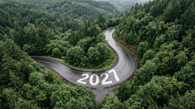 A scenic winding asphalt mountain road curves through a vibrant lush green forest with the year two thousand twenty one clearly visible