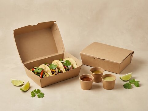 Fresh tacos in a brown paper takeaway box with small sauce cups and lime wedges for street food meal. Mexican food boxes