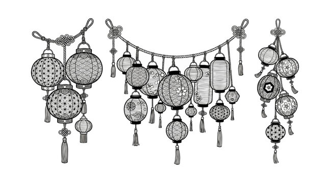 Intricate black and white line art collection of hanging Asian paper lanterns suspended from decorative knotted ropes with ornate tassel accents