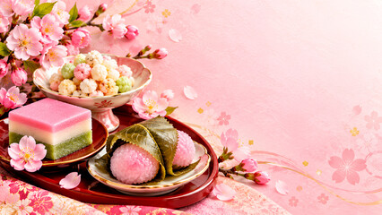 Obraz premium 菱餅とひなあられと桜餅を飾った春らしいひな祭りの和菓子広告背景
