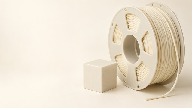 Ivory filament spool beside a simple printed test block