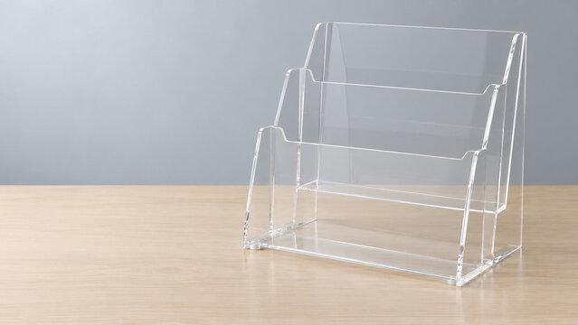 Empty clear acrylic leaflet holder with three stepped pockets