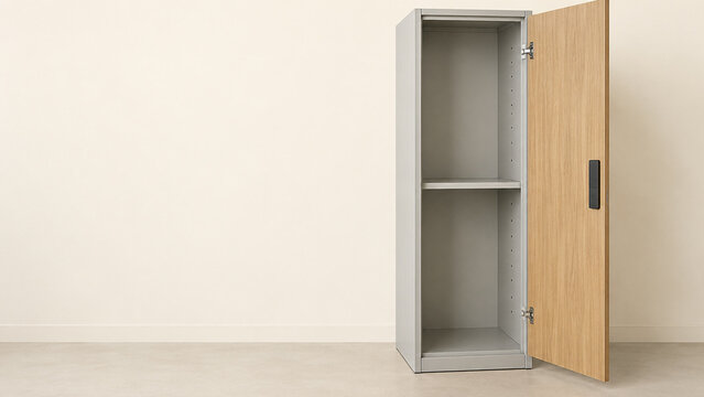 Open office locker with two empty compartments and a plain handle