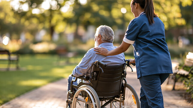 Rear view of a black woman nurse pushing an old european man in a wheelchair along a garden path at a nursing home her hand on his shoulder green lawn and benches ahead nurse