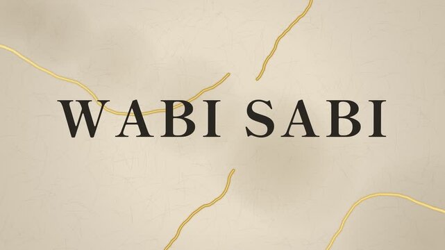WABI SABI text with a small kanji seal in Japanese style, gold kintsugi lines running across bleeding washi paper, cream and gold, 4K