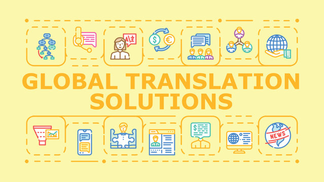 Global translation solutions banner infographic. Localization transcreation, fluency linguistics, multilingual workflow icon vector illustration