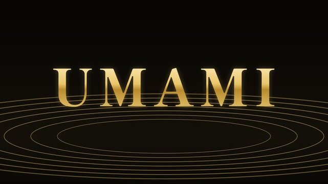 UMAMI text with a small kanji seal in Japanese style, an ink drop falling and sending ripples as the word floats up, black and gold, 4K