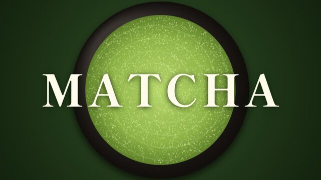 MATCHA text with a small kanji seal in Japanese style, green tea foam whisked into a swirl from which the word rises, matcha green and cream, 4K