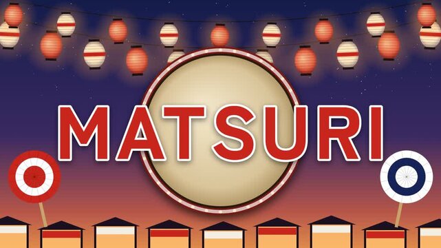 MATSURI text with a small kanji seal in Japanese style, shock rings from each taiko drum beat and uchiwa fans lining up, vermilion, indigo and white, 4K