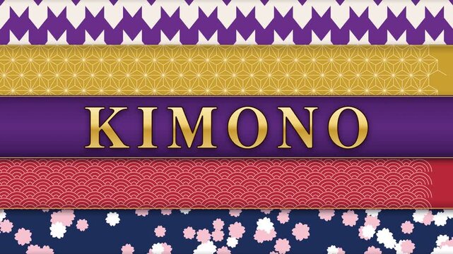 KIMONO text with a small kanji seal in Japanese style, kimono fabric patterns of yagasuri and asanoha flowing and overlapping, purple and gold, 4K