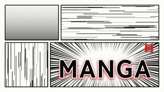 MANGA text with a small kanji seal in Japanese style, speed lines, screentone dots and panel layouts popping in, white, black and red, 4K