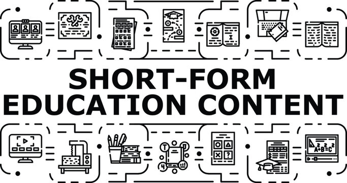 Short-form education content banner infographic. Learning academic, lessons literacy, curriculum microlearning icon vector illustration