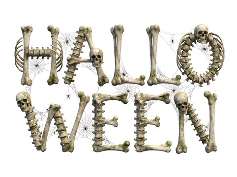 Halloween lettering made of human bones and skulls isolated on white background spooky holiday concept