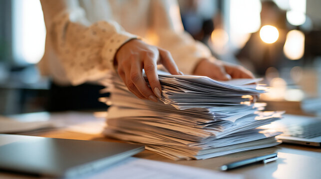 Cropped view of a european business professional holding a stack of paper documents on an office desk both hands steadying the pile laptop and pen beside it frame cropped at the chest