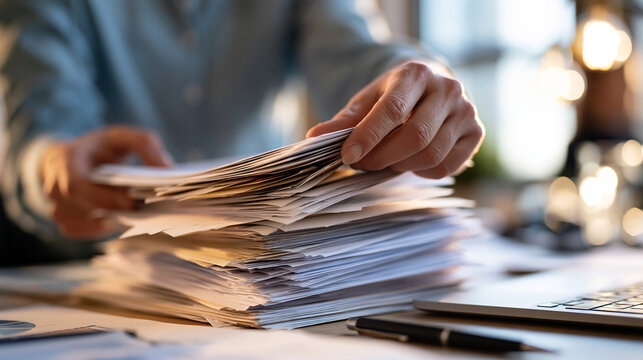 Cropped view of a european business professional holding a stack of paper documents on an office desk both hands steadying the pile laptop and pen beside it frame cropped at the chest