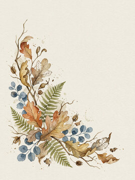 An exquisite watercolor illustration of vibrant fall leaves, branches, and berries forming a decorative corner, offering a perfect autumnal cover design background