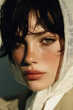High fashion editorial model scarf blazer white background blackhair pale skin beauty portrait with highkey lighting and shadowplay, minimal elegance couture studio aesthetic close-up fashion concept