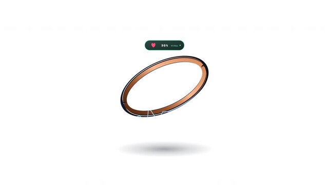 Seamless looping 60fps 4K 3D motion graphic hero icon of an obsidian ceramic smart ring with glowing optical PPG sensors, pulsing holographic ECG heartbeat waveform, and vitality score badge on transp