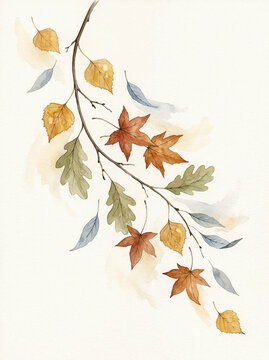 Beautiful watercolor illustration featuring an elegant autumn branch adorned with a vibrant array of colorful fall leaves, perfect for a seasonal cover design or a charming background