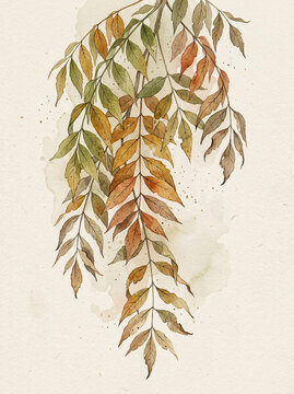 Elegant watercolor illustration of branches with changing autumn leaves, ideal for a beautiful fall background or a sophisticated cover design, capturing autumn's charm