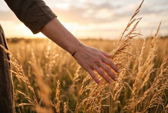 Hand trailing through tall meadow grass