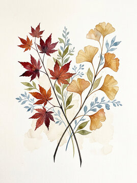 Vibrant fall foliage watercolor illustration perfect for a captivating cover design or a beautiful background aesthetic, featuring autumn leaves bouquet